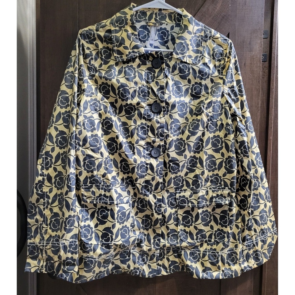 Old Navy Women M Floral Button Front Rain Jacket Yellow Navy Blue S/633438 SPR09